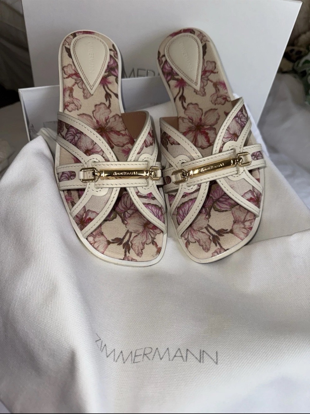 Zimmerman Prisma Hibiscus coral  Floral Print Linen Slide Sandal, Size 38 - Picture 4 of 10